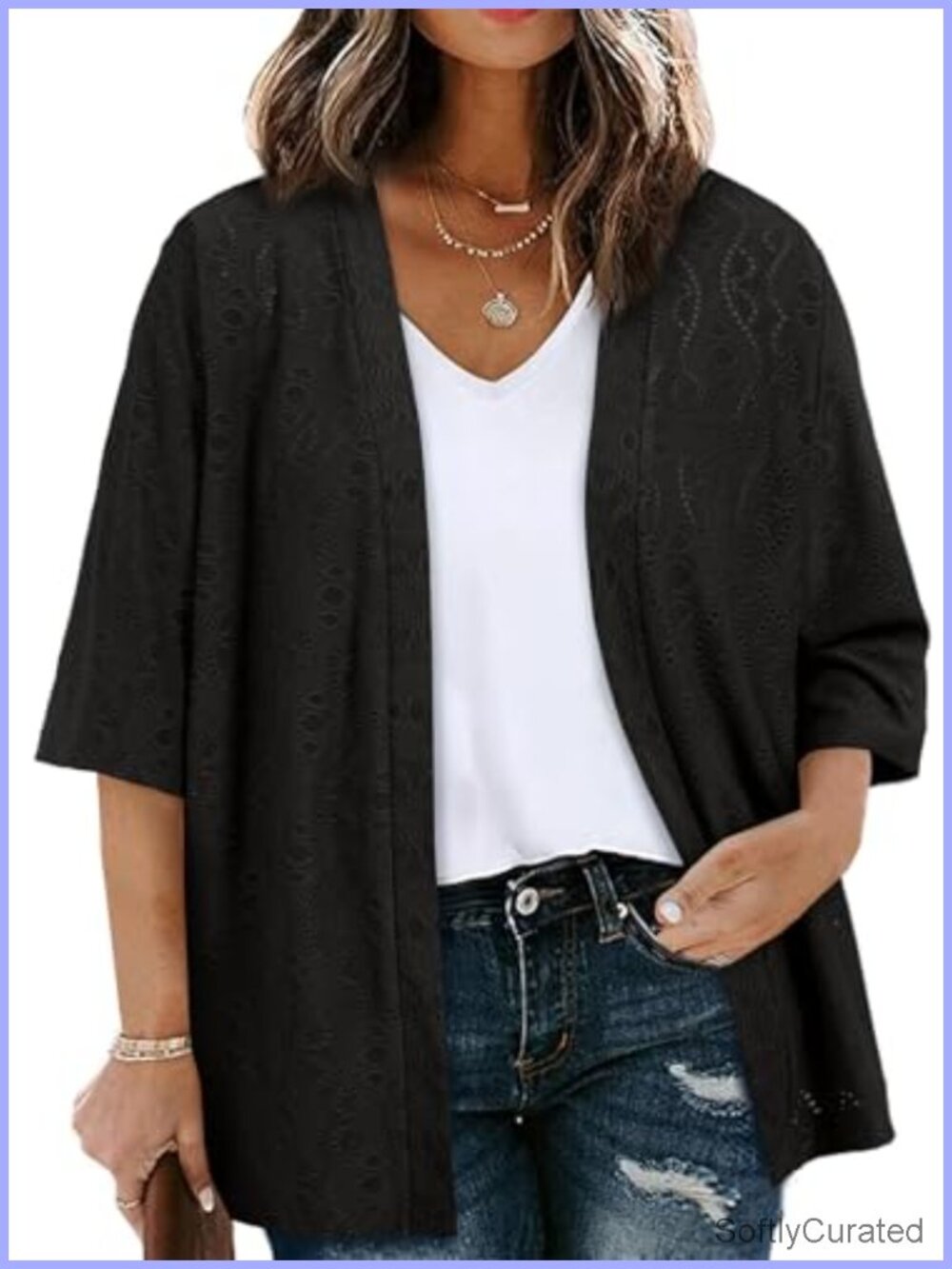 Plus Size Half Sleeve Cardigan Kimono Cover Up Jacquard Knit Lightweight Summer